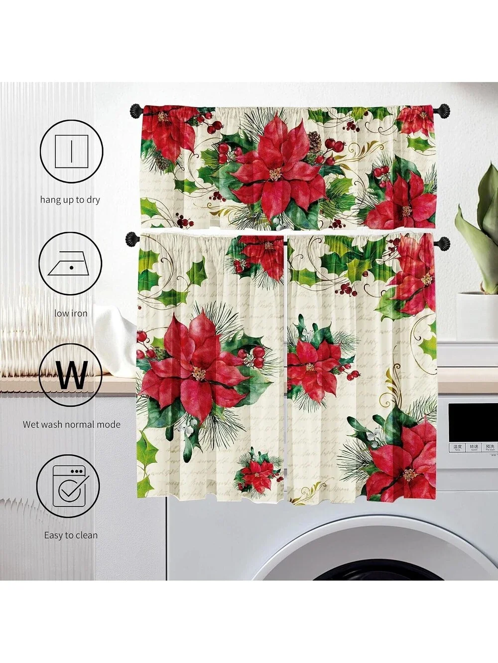 Poinsettia Christmas Curtain Valances Set, Upper & Lower Curtains